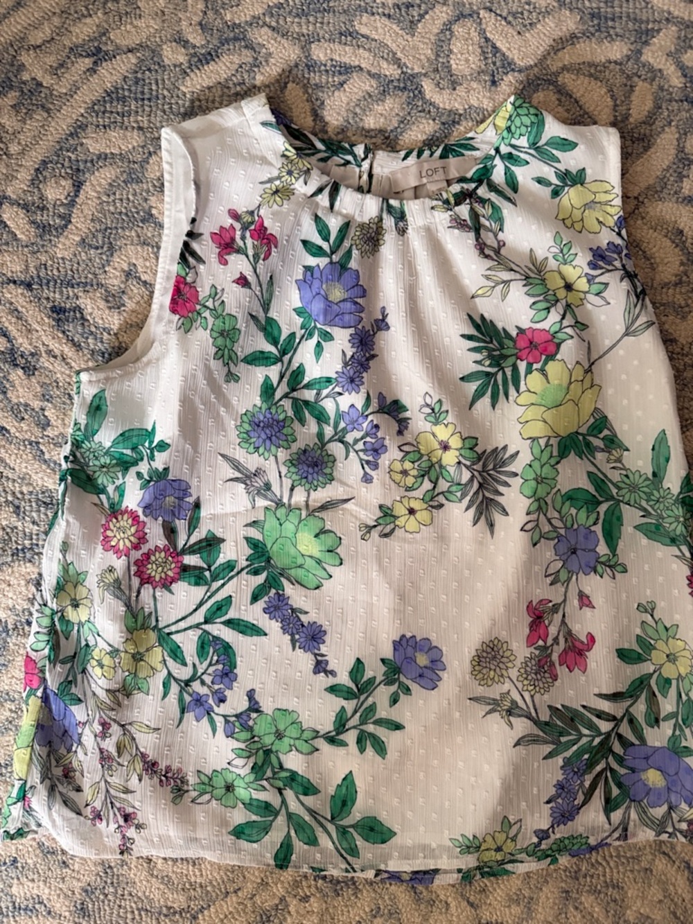 LOFT Cream Floral Sleeveless Top with Green, Purple & Yellow Blooms